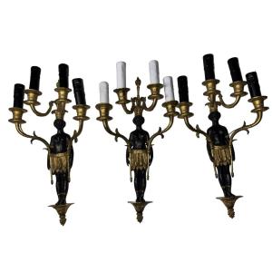 Set Of 3 Large "nubian-style" Wall Sconces In Gilt Bronze With A Black Patina, H 46cm