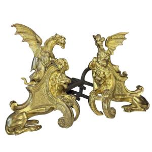Charles Cressent (1685-1768) Pair Of Andirons, Finely Chased Gilt Bronze, Dragons & Lions