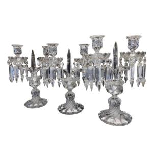 Set Of 3 Baccarat Crystal Candlesticks, Bamboo Twist Model, Stamped Under The Bases  