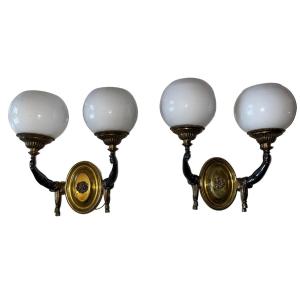 Maison Charles (attributed To) Pair Of Bronze Wall Sconces With Nubian Arms, Double Patina