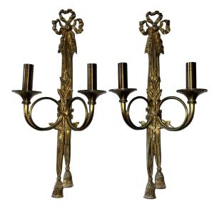 Maison Charles Paris Large Pair Of Neo-classical Wall Sconces In Gilt Bronze 53cm Signed