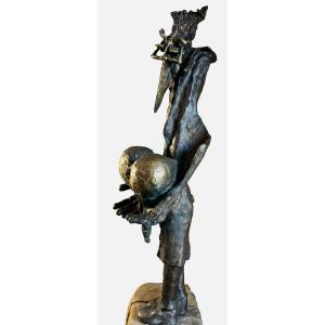 Large Surrealist Bronze Sculpture On A Stone Base. Total Height 62cm