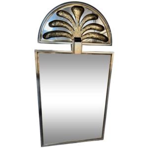Maison Jansen Or Bagues. Important Beveled Palm Tree Mirror In Brushed Metal And Gilt Brass.