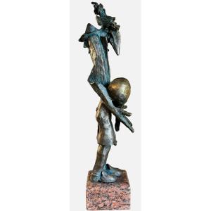 Large Surrealist Bronze Sculpture On A Marble Base. Total Height 53 Cm