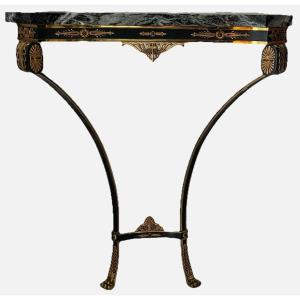 Neoclassical Wall Console In Gilt Brass And Green Lacquer. Sea Green Marble Top