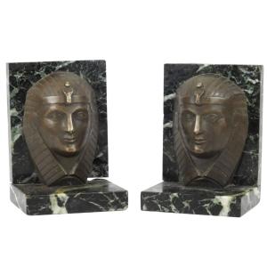 C. Charles Art Deco Bronze Bookends On Marble Depicting Pharaoh Faces. Signed