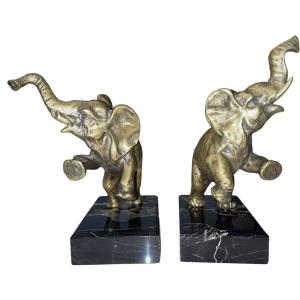 Louis Fontinelle (1886-1964) Bookends With Elephants In Bronze On Marble,  Signed
