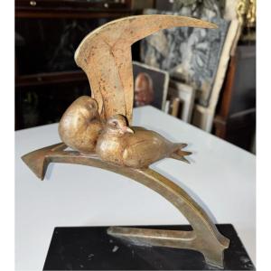 André-vincent Becquerel (1893-1981) Two Swallows Bronze Print With Golden Patina Signed