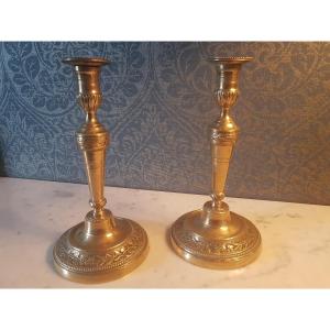 Pair Of Bronze Candlesticks. Louis XVI Style. 19th Century. 
