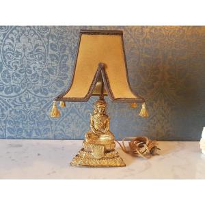 Gilded Bronze Buddha Lamp With Shade. 19th Century. 
