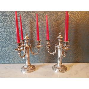 Pair Of Bronze And Silvered Candelabra. Louis XVI Style. 19th Century. 