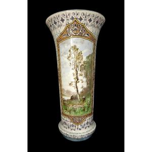 Large Earthenware Vase By Jules Viellard In Bordeaux Signed C. Buche Impressionist Decor 