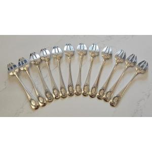 Puiforcat: 12 Monogrammed Oyster Forks In Their Box, Solid Silver,