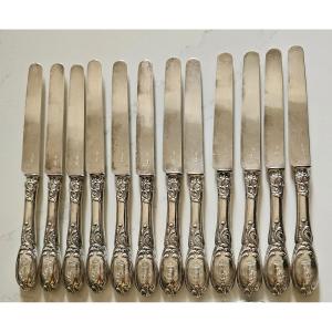 12 Silver Fruit Knives With Count's Crown And Monogram, Late 19th Century