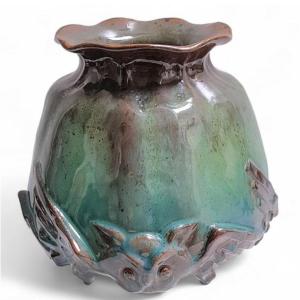 Delphin Massier (1836-1907) à Vallauris Chat-huant Lustrous, Glazed Ceramic Vase, Signed.