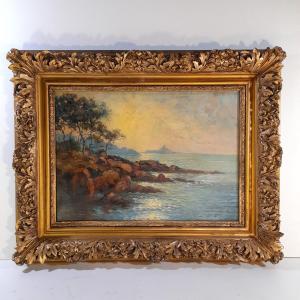 Seascape Painting With Gold Frame, 50.5 X 63 Cm
