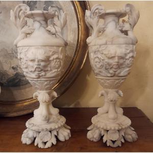 Pair Of Grotesque Vases, Napoleon III, In Alabaster
