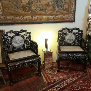 Pair Of Late 19th Century Vietnamese Dignitary Armchairs Inlaid With Mother-of-pearl