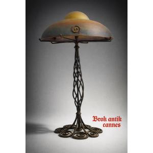 Lamp - Muller - Pâté Glass/wrought Iron - France - 20th Century 