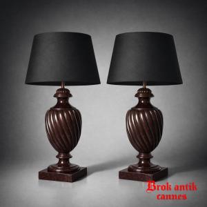 Pair Of Lamps - Porphyry Effect - Parisian House - France - 20th Century