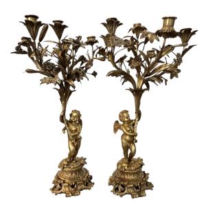Pair Of Candlesticks - Bronze - Puttis/bouquet - France - 19th Century 