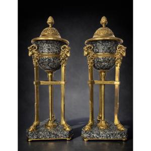 Pair Of Cassolettes - Bronze/porphyry/granite - France - 19th Century 