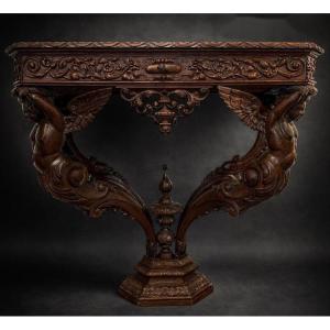 Console - "with Angels Carrying" - Oak - Europe - 19th Century 