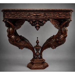Console - "with Angels Carrying" - Oak - Europe - 19th Century 