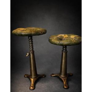 Pair Of Adjustable Industrial Stools Singer – France – Early 20th Century