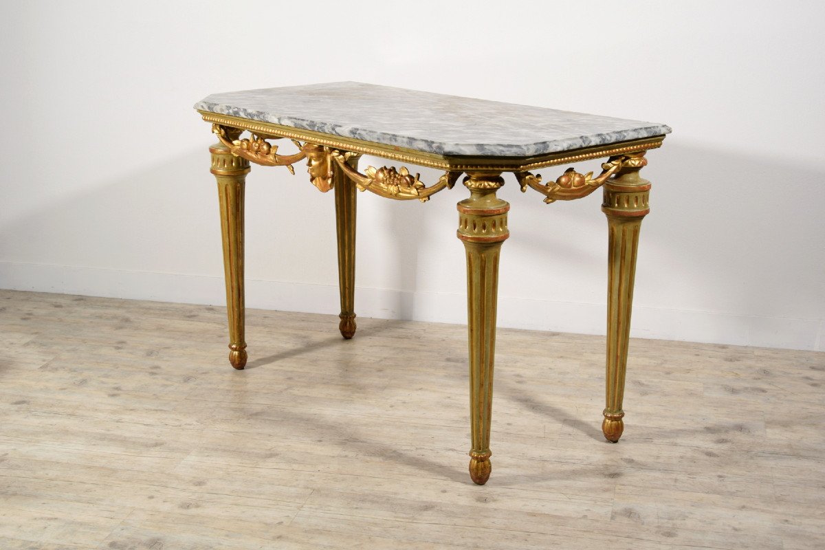 Consolle neoclassica in legno intagliato, laccato e dorato, piano in marmo, Italia, XVIII sec.-photo-3