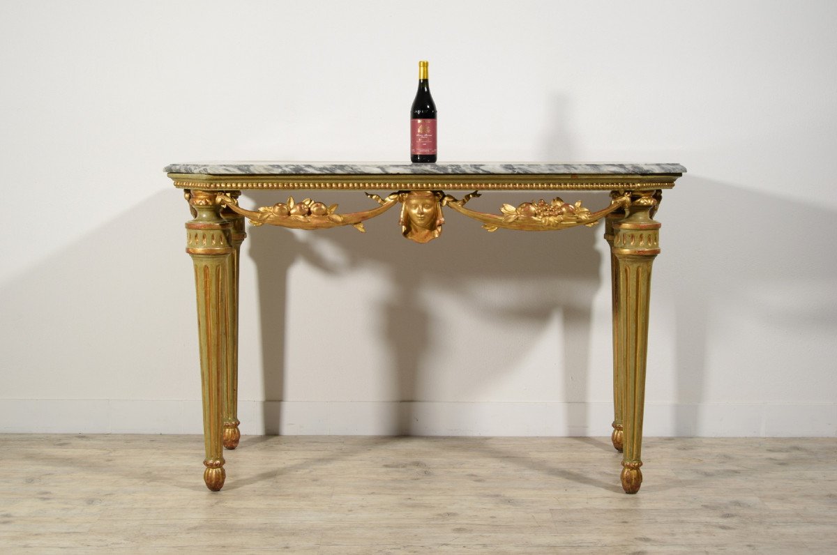 Consolle neoclassica in legno intagliato, laccato e dorato, piano in marmo, Italia, XVIII sec.-photo-1