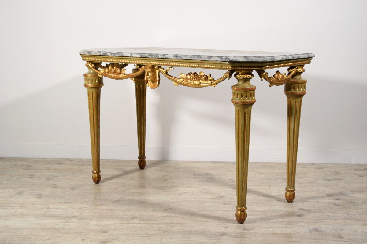 Consolle neoclassica in legno intagliato, laccato e dorato, piano in marmo, Italia, XVIII sec.-photo-2