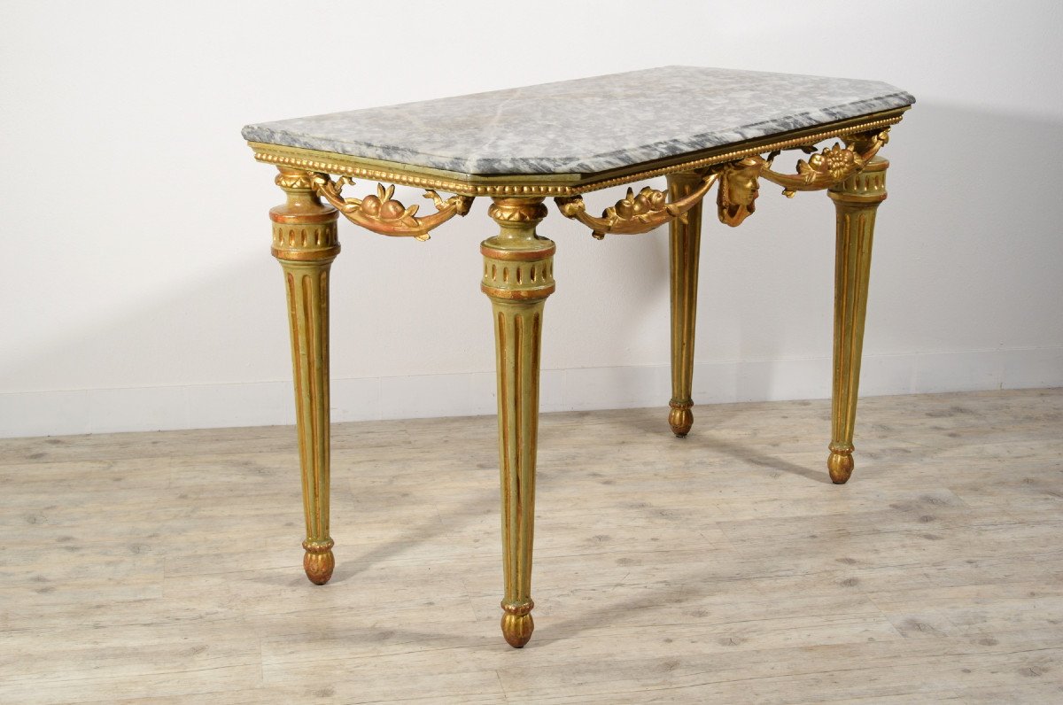 Consolle neoclassica in legno intagliato, laccato e dorato, piano in marmo, Italia, XVIII sec.-photo-4