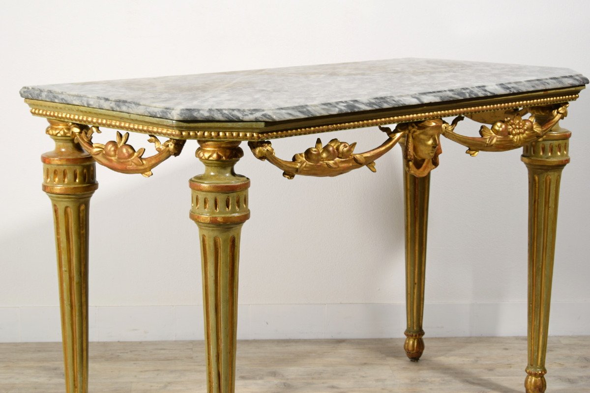 Consolle neoclassica in legno intagliato, laccato e dorato, piano in marmo, Italia, XVIII sec.-photo-5