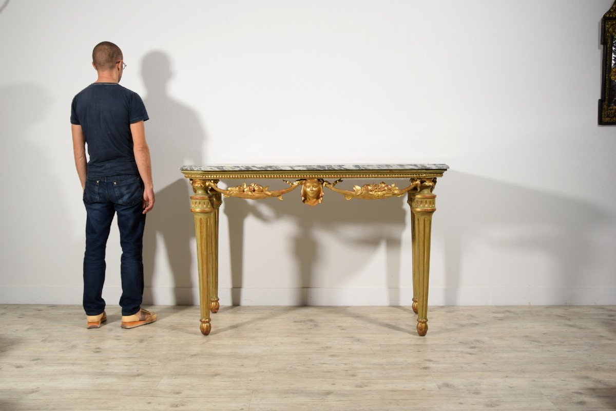 Consolle neoclassica in legno intagliato, laccato e dorato, piano in marmo, Italia, XVIII sec.-photo-6