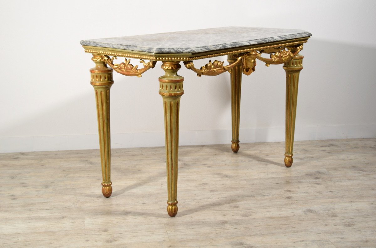 Consolle neoclassica in legno intagliato, laccato e dorato, piano in marmo, Italia, XVIII sec.-photo-7