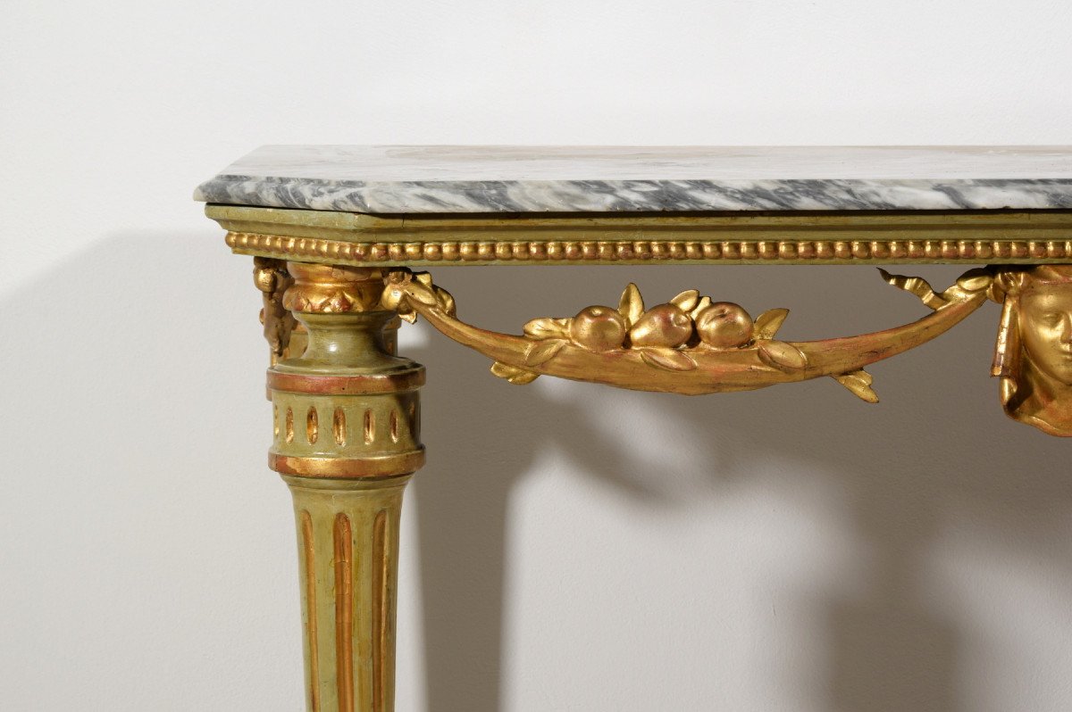 Consolle neoclassica in legno intagliato, laccato e dorato, piano in marmo, Italia, XVIII sec.-photo-8