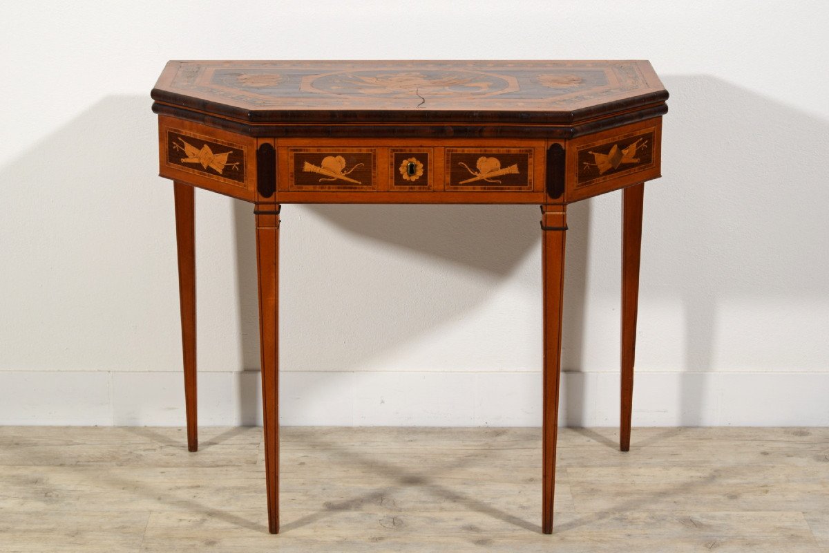 Tavolo consolle trasformabile in tavolino da gioco in legno intarsiato, Inghilterra, XIX sec-photo-2
