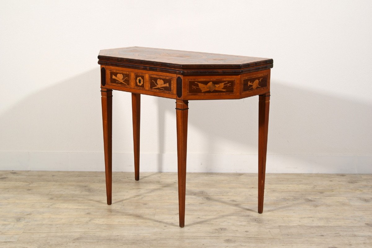 Tavolo consolle trasformabile in tavolino da gioco in legno intarsiato, Inghilterra, XIX sec-photo-3