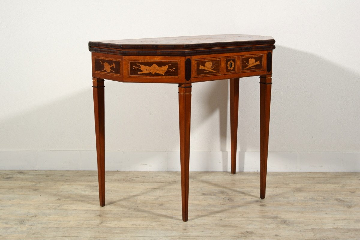Tavolo consolle trasformabile in tavolino da gioco in legno intarsiato, Inghilterra, XIX sec-photo-4