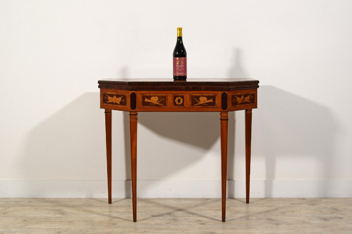Tavolo consolle trasformabile in tavolino da gioco in legno intarsiato, Inghilterra, XIX sec-photo-1