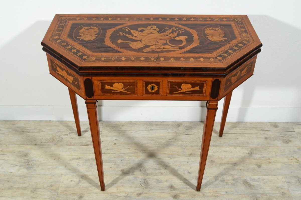 Tavolo consolle trasformabile in tavolino da gioco in legno intarsiato, Inghilterra, XIX sec-photo-2