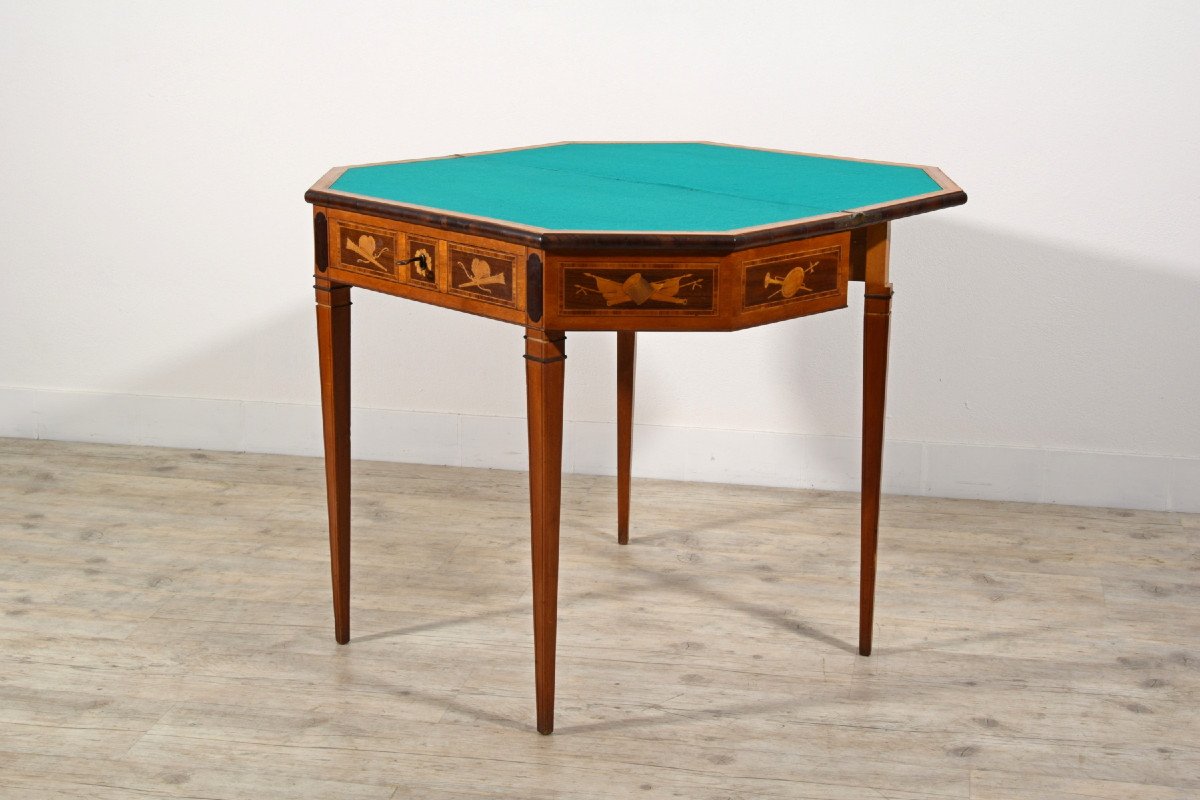 Tavolo consolle trasformabile in tavolino da gioco in legno intarsiato, Inghilterra, XIX sec-photo-4