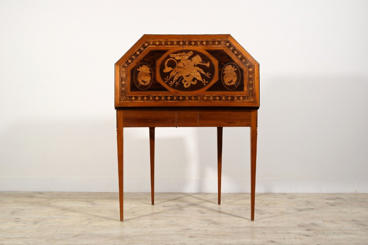 Tavolo consolle trasformabile in tavolino da gioco in legno intarsiato, Inghilterra, XIX sec-photo-5