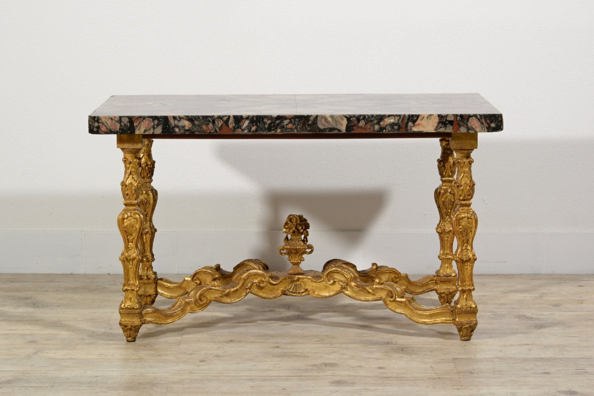 Coffee table  con piano in marmo africano del XVIII secolo, base in legno dorato, Italia-photo-2