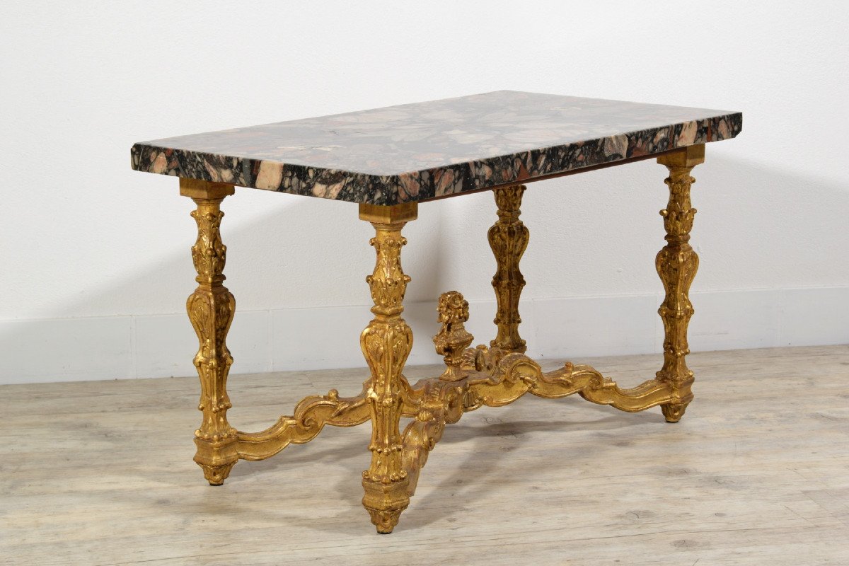 Coffee table  con piano in marmo africano del XVIII secolo, base in legno dorato, Italia-photo-3