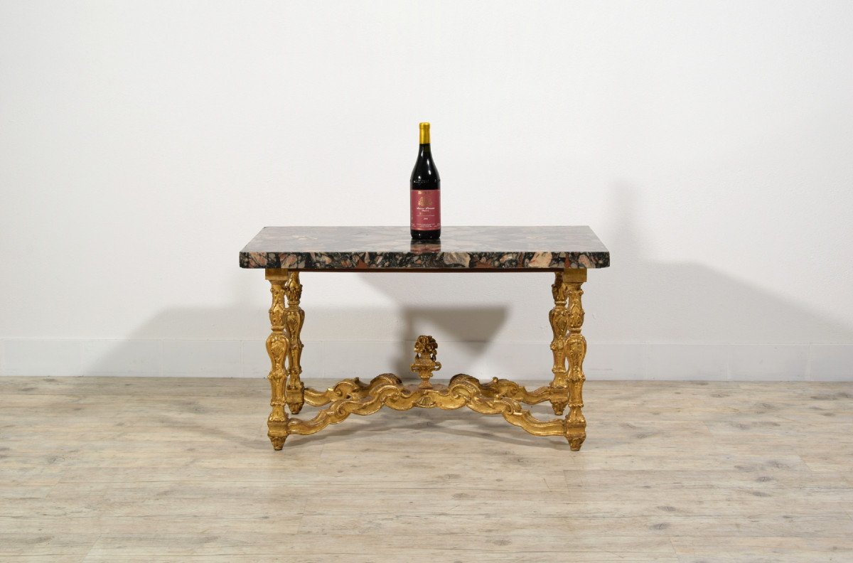 Coffee table  con piano in marmo africano del XVIII secolo, base in legno dorato, Italia-photo-1