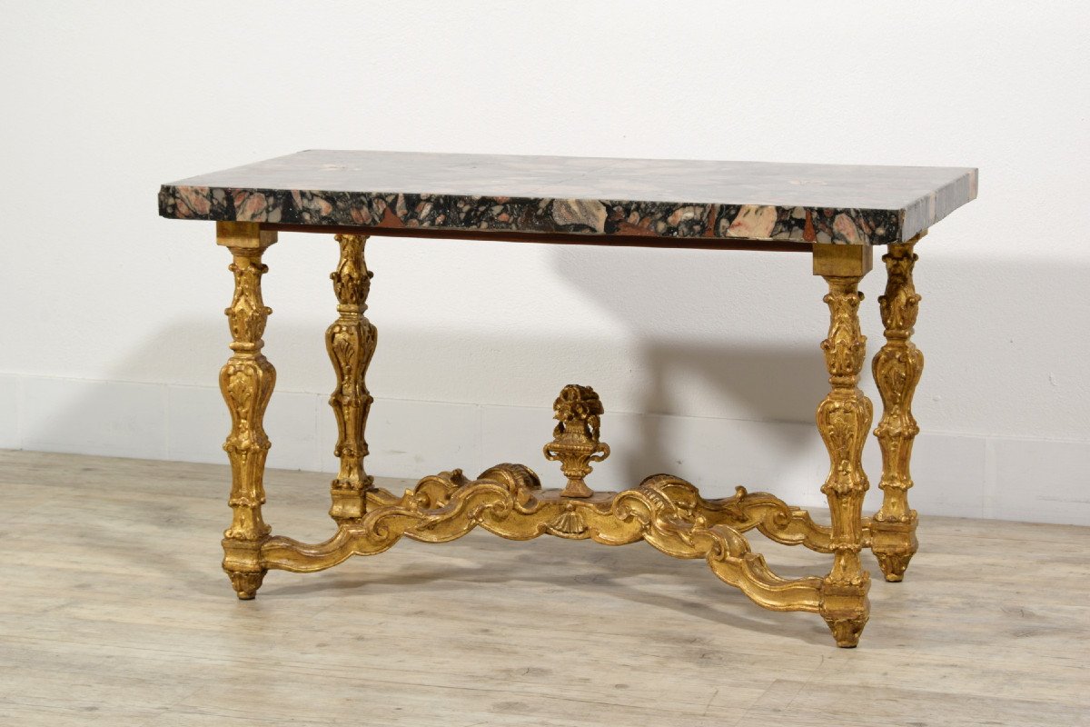 Coffee table  con piano in marmo africano del XVIII secolo, base in legno dorato, Italia-photo-2