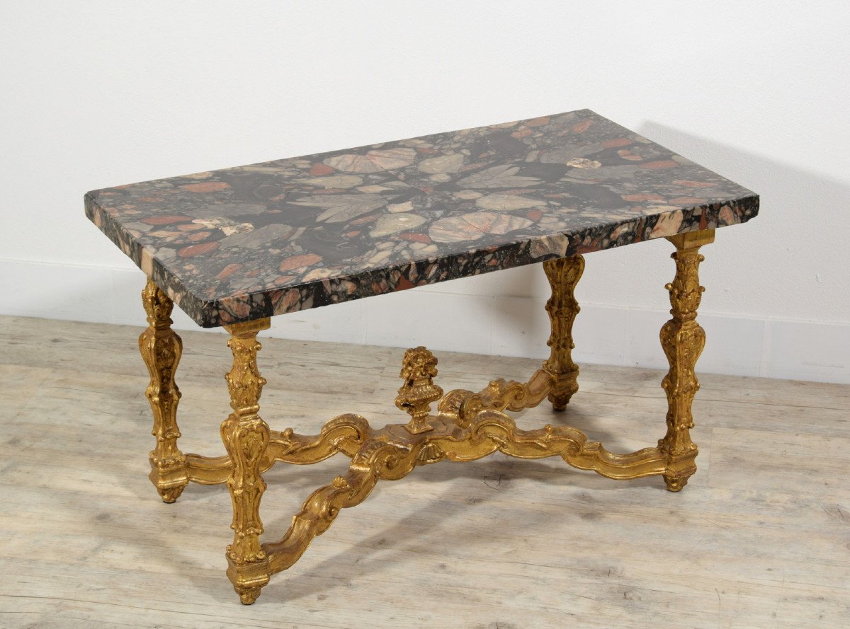 Coffee table  con piano in marmo africano del XVIII secolo, base in legno dorato, Italia-photo-4