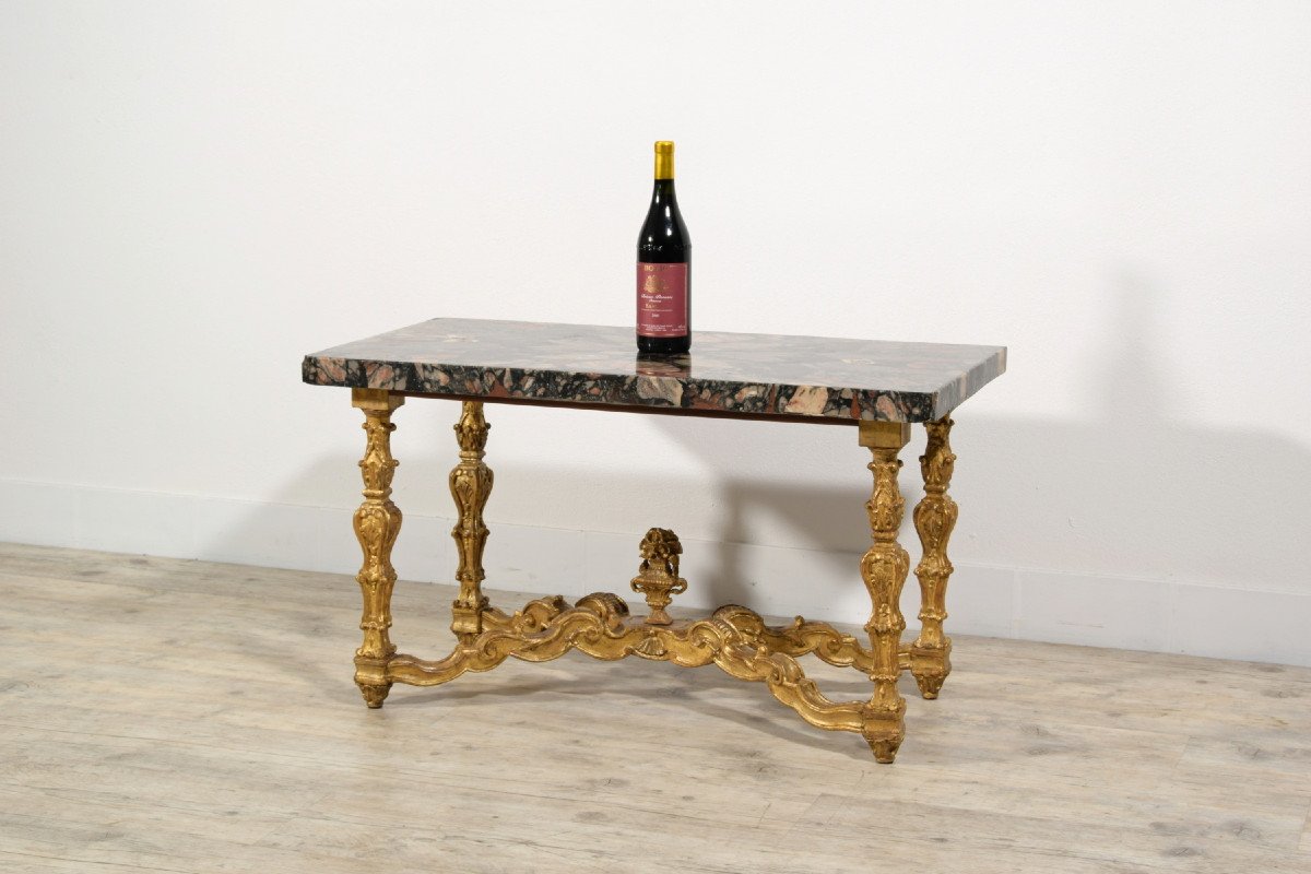Coffee table  con piano in marmo africano del XVIII secolo, base in legno dorato, Italia-photo-7